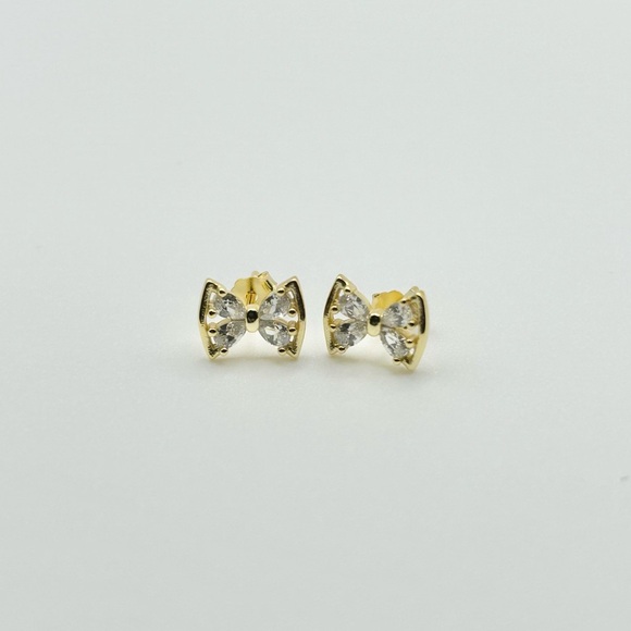 Elegant Gold Bow Zircon Earrings 925 Sterling Silver Posts - Picture 3 of 6